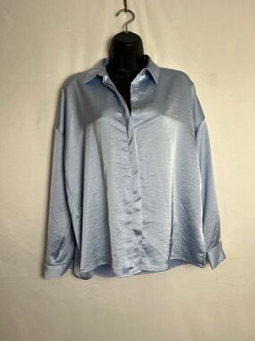 Zara Light Blue Satin Relaxed Button-Down Shirt